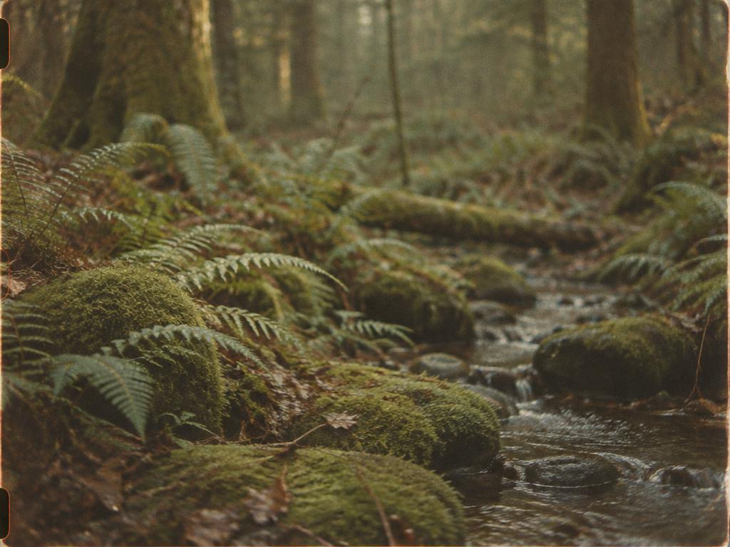 Mossy forest floor with ferns and a small stream, analog film photograph