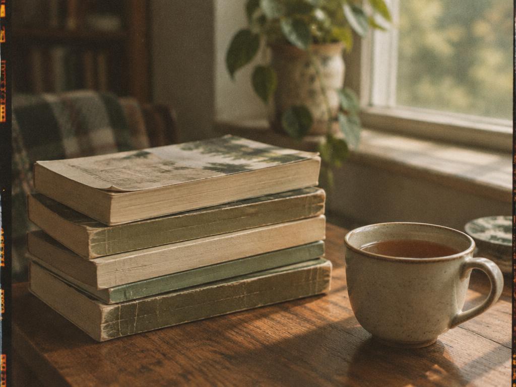 Stack of well-worn books beside a cup of tea, analog film photograph